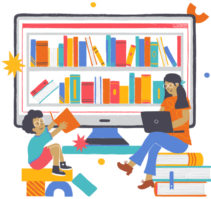 Ilustración de la biblioteca digital, dos personas, un hombre y una mujer leyendo libros de un librero dentro de una pantalla